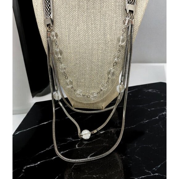 Vintage Silver Tone Multi Strand Necklace Clear Bead Accents Bold Statement 20" - Picture 1 of 10